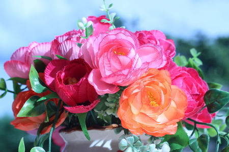 Flowers in a vase multiplicity paint outdoors in the gardenの写真素材
