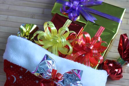 Gift box of multi-colored ribbons arranged beautifullyの写真素材