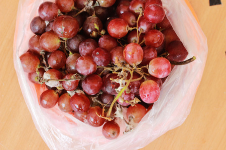 The rotten grapes are molded in a plastic bag on a brown table.の写真素材