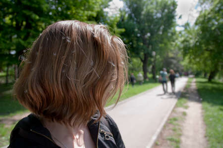 Blonde girl with dandelions in hairの写真素材