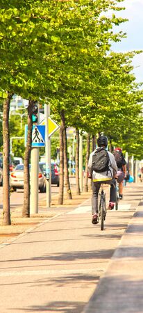 Biker on side road, in city center with trees inbetweenの写真素材