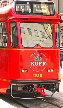 Red pub tram in the capital of Finland, Helsinkiのeditorial素材