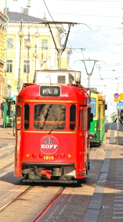Red pub tram in the capital of Finland, Helsinkiのeditorial素材