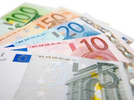 Euro currency bank notes, isolated towards white backgroundの写真素材