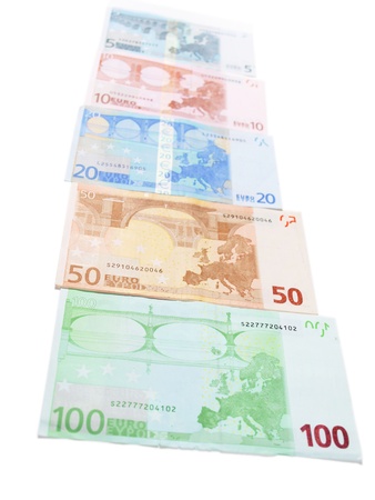 Euro currency bank notes, isolated towards white backgroundの写真素材