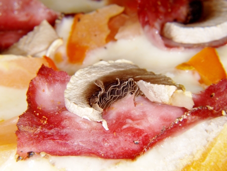 Sliced champignon on top of piece of ham and melted cheeseの写真素材