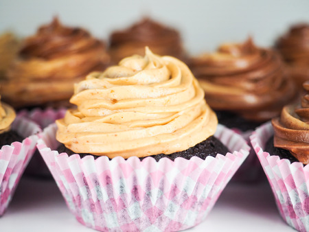 Chocolate cupcake with mixed frosting cream, in pink paper cupsの写真素材
