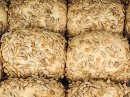 Closeup of freshly made sunflower seed buns on a waxed paper tray at close-upの写真素材