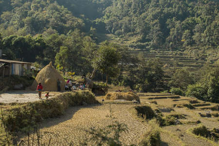 Family at a rural farm in the nepalese mountains, Annapurna circuit