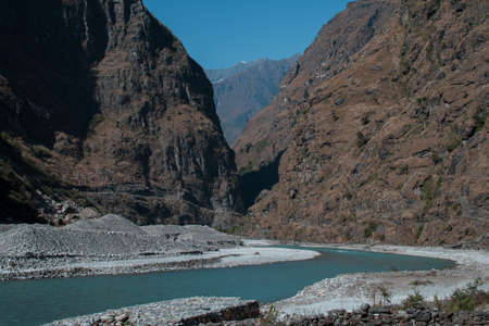 Mountain village Tal by Marshyangdi river along Annapurna circuit, Nepal