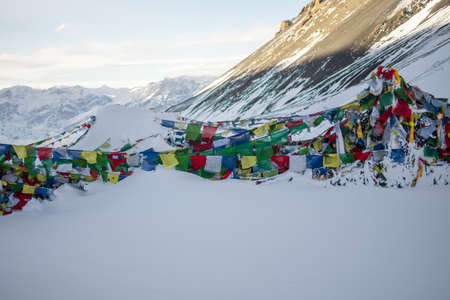 Thorung La Pass summit covered in heavy snow, December, Himalaya, Nepal, Asiaのeditorial素材