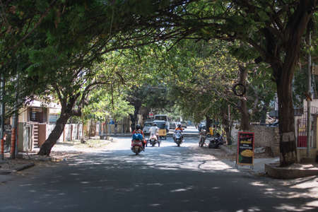 Chennai, India - February 8, 2020: Everyday traffic on an asphalt road underneath overhanging trees on February 8, 2020 in Chennai, Indiaのeditorial素材