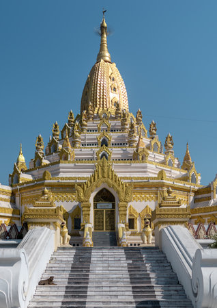 YANGON, MYANMAR - JANUARY 1 2020: A dog resets in the sun on the stairs leading up to the Swe Taw Myat Pagodaのeditorial素材