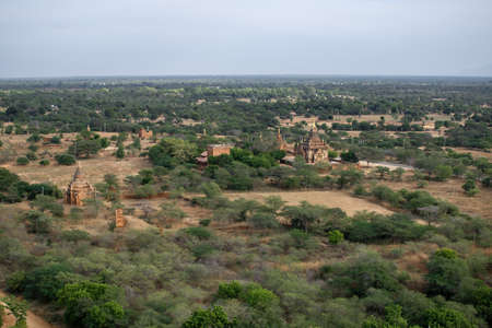BAGAN, NYAUNG-U, MYANMAR - 3 JANUARY 2020: Looking out over the vast plains of Bagan with its historical temples and fields from the tall Nan Myint viewing towerのeditorial素材