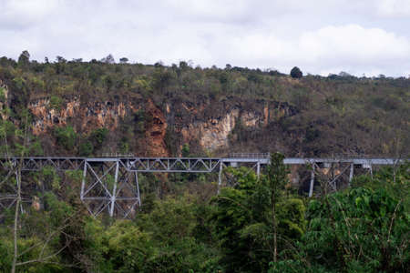 View over the massive famous Goteik Viaduct bridge for the local commuter train in Myanmar, Burmaの写真素材