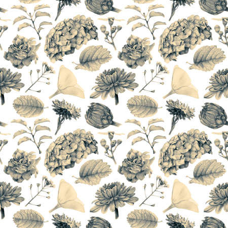 Seamless pattern with beautiful spring flowers and plants drawn by hand with colored pencils. Pencil drawing. Can be used for pattern fills, wallpapers, web page, surface textures. Toned black-and-whiteの写真素材
