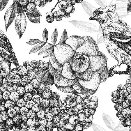 Seamless pattern with different flowers, birds and plants drawn by hand with black ink. 
Graphic drawing, pointillism technique. Can be used for pattern fills, wallpapers, web 
page, surface texturesの写真素材