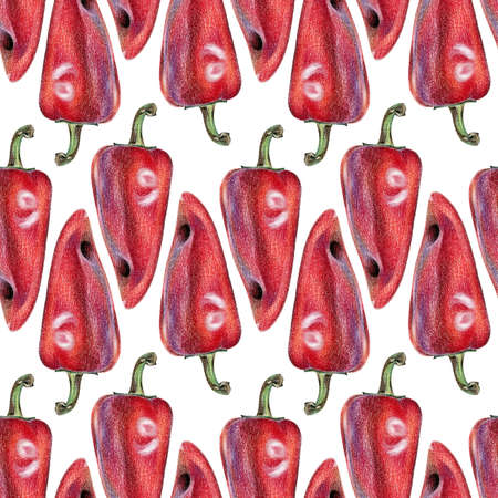 Seamless pattern with red peppers drawn by hand with colored pencil. Healthy vegan food. Fresh tasty vegetables painted from natureの写真素材