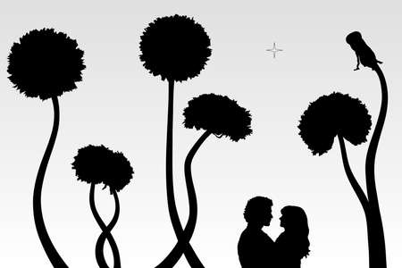 Illustration with silhouette of loving couple. Can be used as postcard, illustrationのイラスト素材