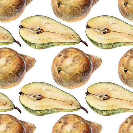 Seamless pattern with yellow and green pears drawn by hand with colored pencil. Healthy vegan food. Fresh tasty fruits painted from natureの写真素材