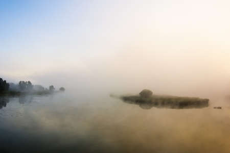 Summer landscape with river. Tree on island in heavy fog on cold morning. Colorful sunny sunriseの写真素材