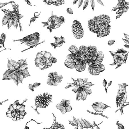 Seamless pattern with different flowers, birds and plants drawn by hand with black ink. Graphic drawing, pointillism technique. Black and White illustrationの写真素材