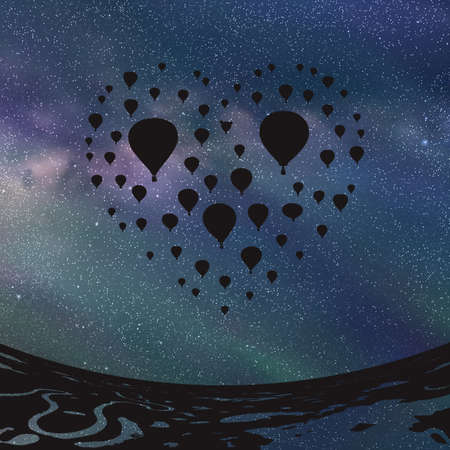 Air balloons in shape of heart at night. Vector illustration with silhouette of flying under starry sky. Landscape with rivers and lakesのイラスト素材