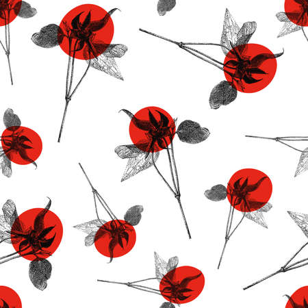 Vector seamless pattern with red Clematis flower isolated on white background. Graphic drawing, pointillism technique. Botanical natural collection. Floral illustration drawn by handのイラスト素材