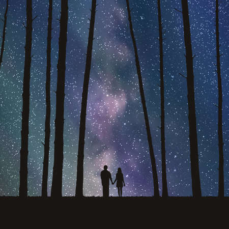 Vector illustration with silhouette of loving couple under starry sky. Can be used as postcard, illustrationのイラスト素材