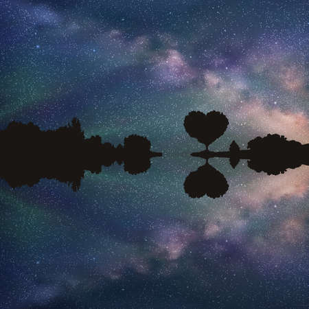 Vector illustration with silhouette of tree in shape of heart under starry sky. Can be used as postcard, illustrationのイラスト素材