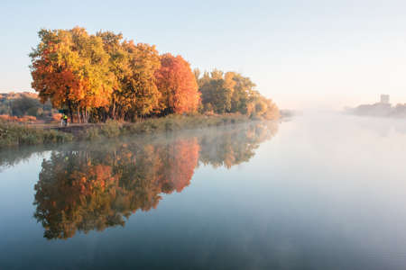 Autumn landscape in city park. Heavy fog on river in morning. Orange trees on river bank reflected in waterの写真素材