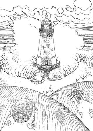 Stormy ocean landscape. Vector illustration with old lighthouse, storm waves and dramatic sky. People in lifeboat and turtle escape from natural disasterのイラスト素材