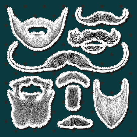 Set of vector stickers with beards and mustaches. Hand drawn illustration with fashionable men's styles. Linear Graphicsのイラスト素材