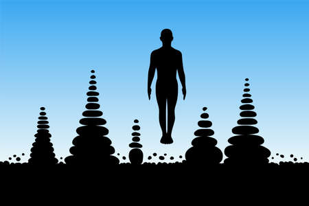 Yoga in morning. Vector conceptual illustration with isolated silhouette of yogi in pose of tadasana and pyramids of stones. Blue pastel backgroundのイラスト素材