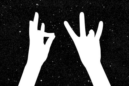 Yoga for fingers at night. Vector illustration with silhouette of hands, showing mudra of Earth under starry sky. Inverted black and whiteのイラスト素材