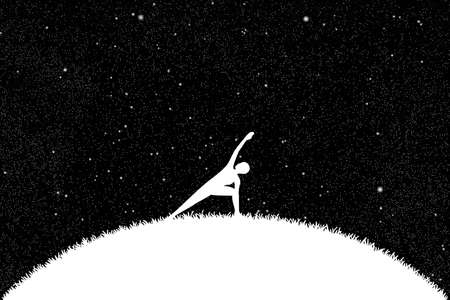 Yoga at night. Vector illustration with silhouette of yoga girl on grass under starry sky. Inverted black and whiteのイラスト素材