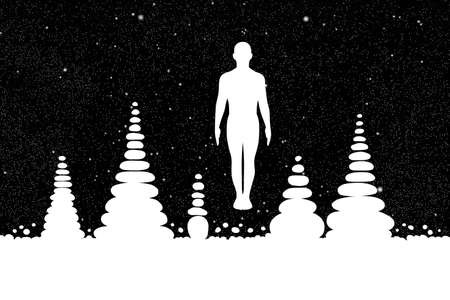 Yoga at night. Vector illustration with silhouette of yogi in pose of tadasana and pyramids of stones under starry sky. Inverted black and whiteのイラスト素材