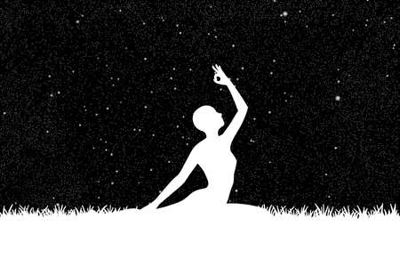 Yoga at night. Vector illustration with silhouette of yoga girl on grass under starry sky. Inverted black and whiteのイラスト素材