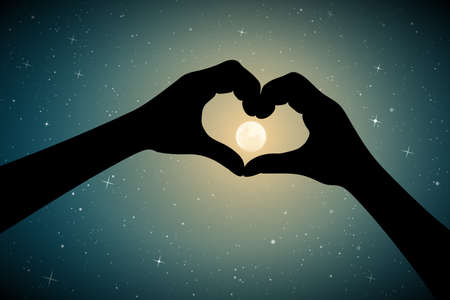Heart shaped hands on moonlit night. Romantic vector illustration with hand gesture silhouette on starry background. Full moon in starry skyのイラスト素材