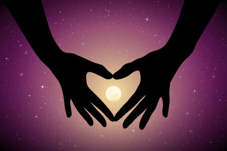 Heart shaped hands on moonlit night. Romantic vector illustration with hand gesture silhouette on starry background. Full moon in starry skyのイラスト素材