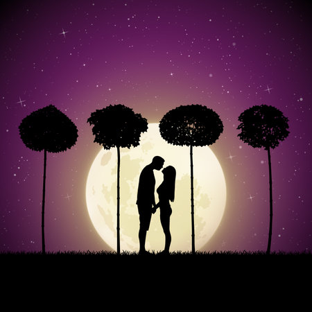 Lovers between trees on moonlit night. Vector illustration with silhouette of loving couple in park. Landscape with maples. Full moon in starry skyのイラスト素材