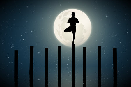 Yoga on moonlit night. Vector illustration with silhouette of yogi standing on log. Full moon in starry skyのイラスト素材