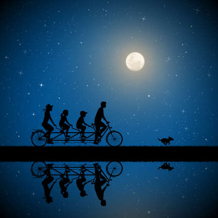 Family on bike tandem on moonlit night. Active rest of parents with children in park. Vector illustration with silhouettes of cyclists on bicycle and running dog. Full moon in starry skyのイラスト素材