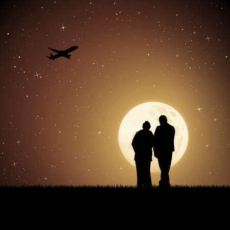 Old lovers and flying aircraft on moonlit night. Vector illustration with silhouette of elderly couple in park. Full moon in starry skyのイラスト素材