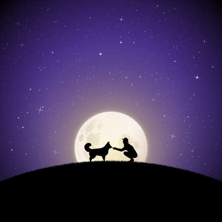 Girl with dog on moonlit night. Vector illustration with silhouettes of woman and pet on hill in park. Northern lights in starry sky. Full moon in starry skyのイラスト素材