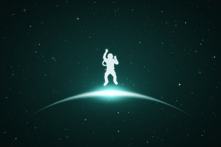 Astronaut in space. Cosmonaut isolated silhouette. Glowing outlineのイラスト素材