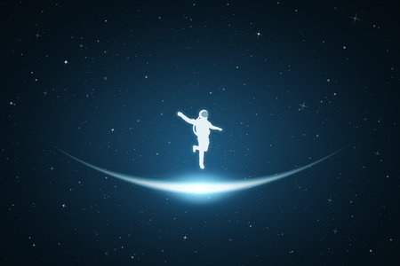Astronaut in space. Flying cosmonaut silhouette. Glowing outlineのイラスト素材