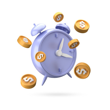 Alarm clock and coins isolated on white background. 3d illustration