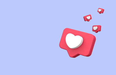 3d render of social media notification with heart icon on blue background