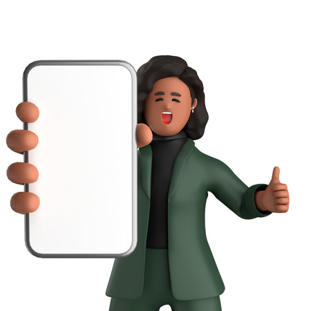 3d illustration of black businesswoman with mobile phone showing thumbs upの写真素材